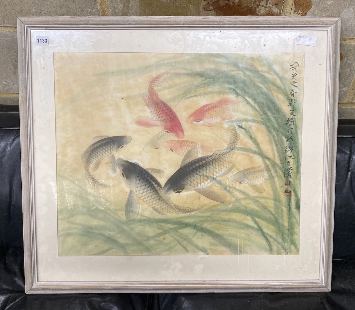 A Japanese watercolour, study of Koi Carp, 64 x 53cm